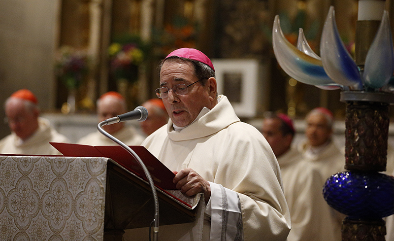 Archbishop John J. Myers of Newark, N.J., addresses Pope Francis at the conclusion of Mass at the Pontifical North American College in Rome on May 2, 2015. Photo by Paul Haring, courtesy of Catholic News Service