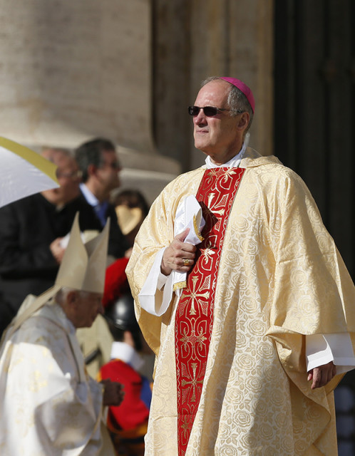 Archbishop Paul-Andre Durocher, president of the Canadian Conference of Catholic Bishops, as he arrives in procession for the beatification Mass of Blessed Paul VI celebrated by Pope Francis in St. Peter's Square at the Vatican on Oct. 19, 2014. Photo by Paul Haring, courtesy of Catholic News Service.