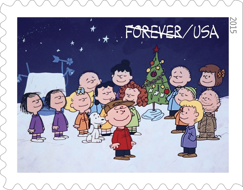 Charlie Brown Christmas Forever Stamps. Photo courtesy U.S. Postal Service, Copyright 2015 USPS.