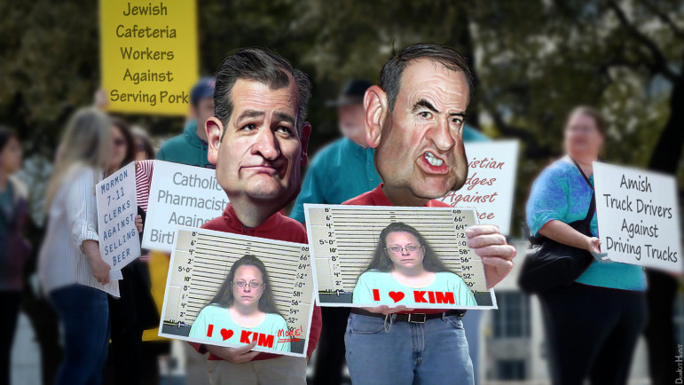 Caricature of Ted Cruz and Mike Huckabee by DonkeyHotey via Flickr https://www.flickr.com/photos/donkeyhotey/20826912714/