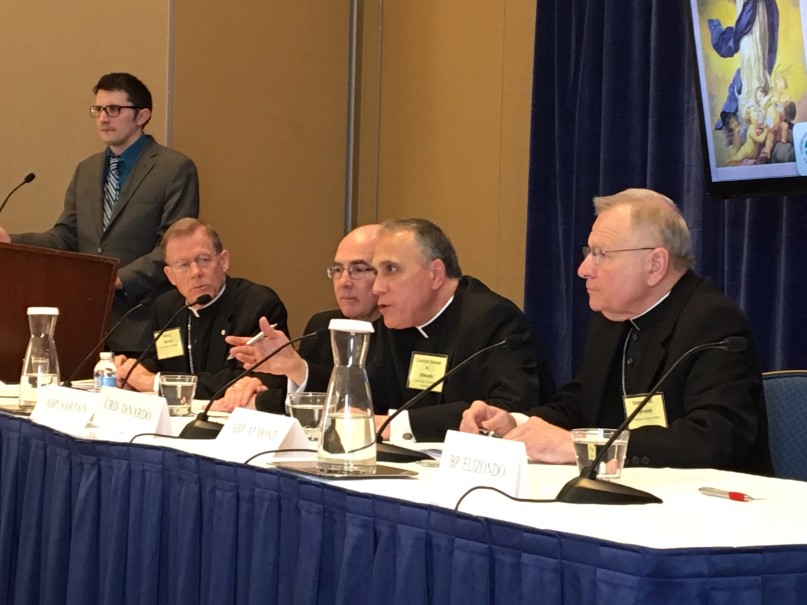 Cardinal Daniel DiNardo (second from right) speaking at a news conference during the US Catholic bishops' annual meeting in Baltimore. Photo by RNS/David Gibson.