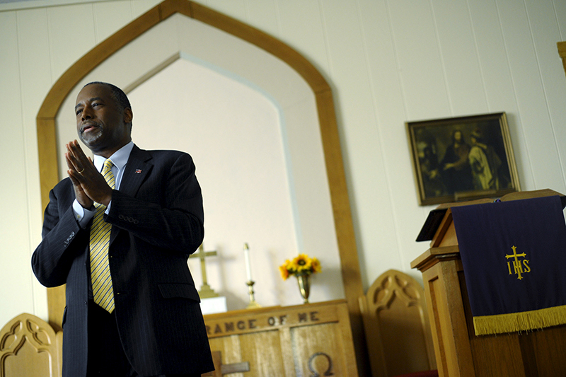 U.S. Republican presidential candidate Ben Carson speaks at South Bethel Church in Tipton, Iowa, on November 22, 2015. Photo courtesy of REUTERS/Mark Kauzlarich *Editors: This photo may only be republished with RNS-CAMOSY-COLUMN, originally transmitted on Nov. 25, 2015.