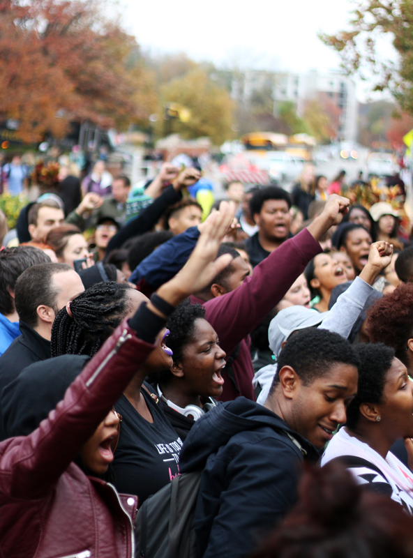 University of Missouri students chant "join the revolution" in Speaker's Circle on November 5, 2015 during a Concerned Student 1950 demonstration. Religion News Service photo by Hanna Yowell