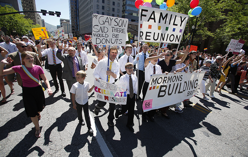 Members of the Mormon church march in a gay pride parade in Salt Lake City, Utah, on June 2, 2013. Photo courtesy of REUTERS/Jim Urquhart *Editors: This photo may only be republished with RNS-MORMON-SAMESEX, originally transmitted on Nov. 11, 2015.