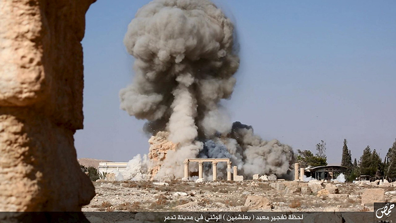 An image distributed by Islamic State militants on social media on August 25, 2015 purports to show the destruction of a Roman-era temple in the ancient Syrian city of Palmyra. Photo courtesy of REUTERS/Social Media  
*Editors: This photo may only be republished with RNS-SPLAINER-APOCALYPSE, originally transmitted on Nov. 19, 2015.