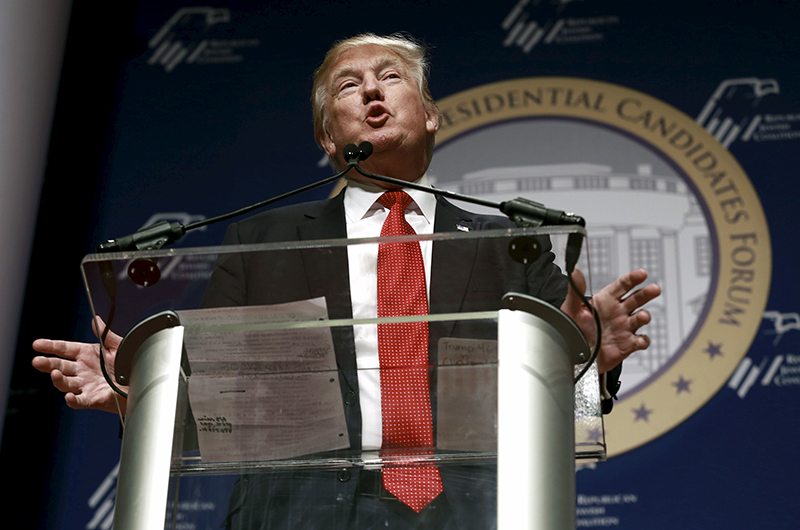 Republican presidential candidate Donald Trump speaks at the Republican Jewish Coalition's Presidential Forum in Washington on December 3, 2015. Photo courtesy of REUTERS/Yuri Gripas *Editors: This photo may only be republished with RNS-TRUMP-STEREOTYPE, originally transmitted on Dec. 3, 2015.