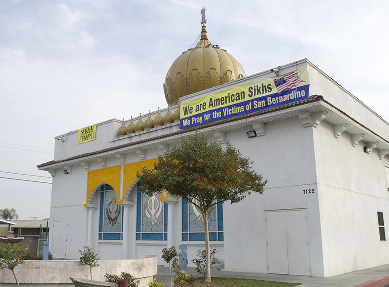The Gurdwara Singh Sabha in Buena Park, California shows banners clarifying it is a Sikh temple and they support the victims of the terror attacks in San Bernardino, California. Sikhs have often been confused for Muslims and made the targets of xenophobic crimes following Islam-linked terror events. Religion News Service photo by Katherine Davis-Young