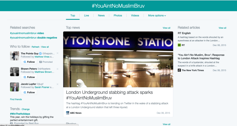 An alleged terrorist stabbing in the London Metro provoked a defiant riposte from a bystander that has become a social media trend: #YouAintNoMuslimBruv. Screenshot courtesy of #YouAintMoMuslimBruv
