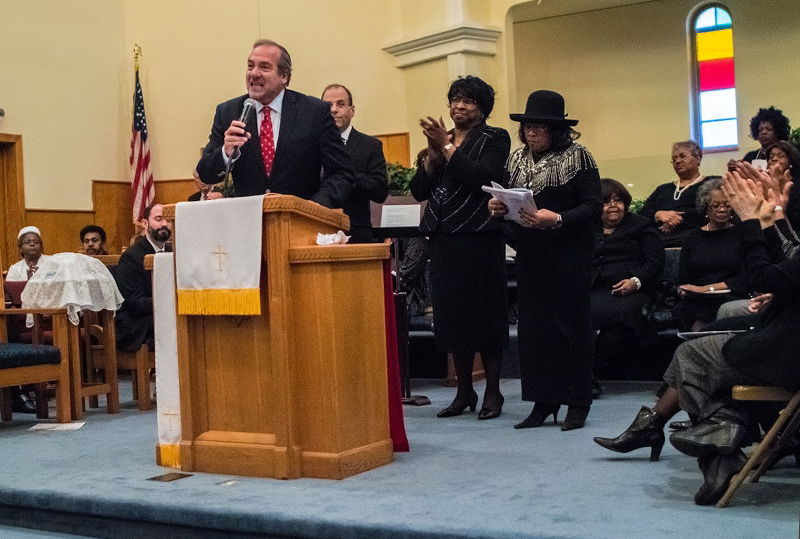 Rabbi Yechiel Eckstein, founder and president of The International Fellowship of Christians and Jews, addresses the landmark Russell Street Missionary Baptist Church in Detroit during the Martin Luther King Day weekend. Photo courtesy of Phil Lewis/The Fellowship