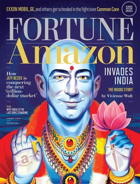 This depiction in Fortune magazine of Amazon founder Jeff Bezos as the Hindu deity Vishnu prompted criticism, and an apology from the magazine's editor. Image via the Twitter feed of artist Nigel Buchanan 