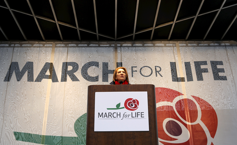 Republican presidential candidate Carly Fiorina speaks at the National March for Life rally in Washington on January 22, 2016. The rally marks the 43rd anniversary of the U.S. Supreme Court's 1973 abortion ruling in Roe v. Wade.      Photo courtesy of REUTERS/Gary Cameron
*Editors: This photo may only be republished with RNS-CAMOSY-COLUMN, originally transmitted on Jan. 25, 2016.