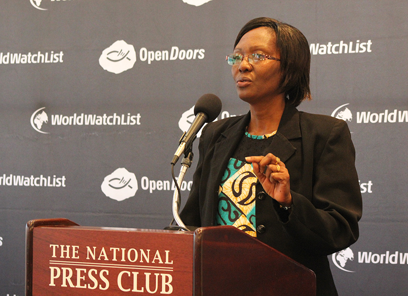 Gladys Juma, whose husband was murdered in Kenya, speaks at a news conference on Jan. 13, 2016 in Washington about Open Doors’ annual World Watch List. Religion News Service photo by Adelle M. Banks