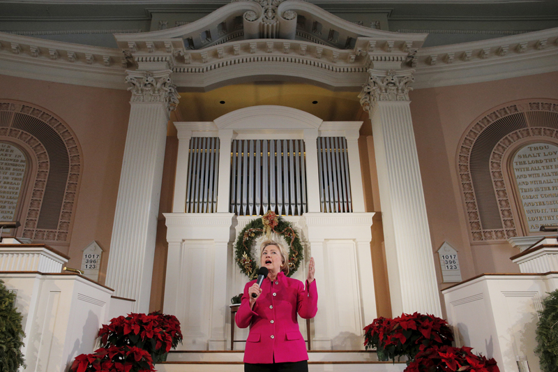U.S. Democratic presidential candidate Hillary Clinton speaks at a campaign town hall meeting at South Church in Portsmouth, New Hampshire, on December 29, 2015. Photo courtesy of REUTERS/Brian Snyder *Editors: This photo may only be republished with RNS-NH-RELIGION, originally transmitted on Jan. 28, 2016.