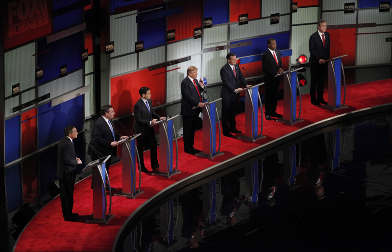 Republican U.S. presidential candidate businessman Donald Trump, center, speaks as he stands amongst six rivals for the Republican presidential nomination during the Fox Business Network Republican presidential candidates debate in North Charleston, South Carolina on January 14, 2016. Photo courtesy of REUTERS/Randall Hill
*Editors: This photo may only be republished with RNS-DEBATE-PREVIEW, originally transmitted on Jan. 27, 2016.