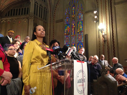 Larycia Hawkins speaks on Jan. 6, 2016, at First United Methodist Church in Chicago. Religion News Service photo by Emily McFarlan Miller