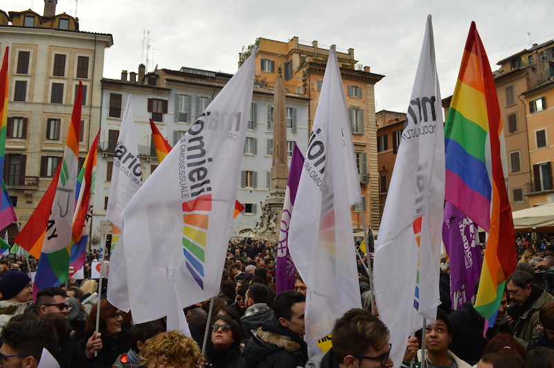 Protesters gather outside Rome's Pantheon to call on politicians to grant legal rights to same-sex couples, ahead of a landmark vote scheduled for Thursday (Jan. 28). Photo for RNS by Rosie Scammell 