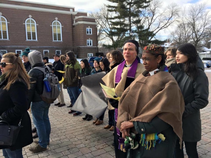 Wheaton College student Esther Kao (far right) and other supporters of Larycia Hawkins demonstrate Wednesday on the college's campus in Wheaton, Illinois. RNS photo courtesy of Esther Kao.