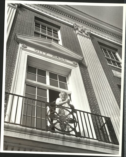 Mayor Bernie Sanders on a City Hall porch in Burlington, Vermont, 1980s. Photo courtesy of University of Vermont Library.