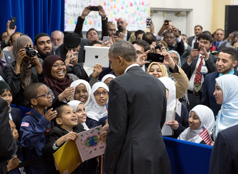 President Barack Obama greets students and guests along the rope line following remarks to students the gymnasium at the Islamic Society of Baltimore mosque in Baltimore, Md., Feb. 3, 2016. Photo courtesy of the White House/Amanda Lucidon. *Editors: This photograph is provided by THE WHITE HOUSE as a courtesy and is for one time use only by the Religion News Service. This photograph may not be manipulated in any way and may not otherwise be reproduced, disseminated, or broadcast without the written permission of the White House Photo Office. This photograph may not be used in any commercial or political materials, advertisements, emails, products, promotions that in any way suggests approval or endorsement of the President, the First Family, or the White House.