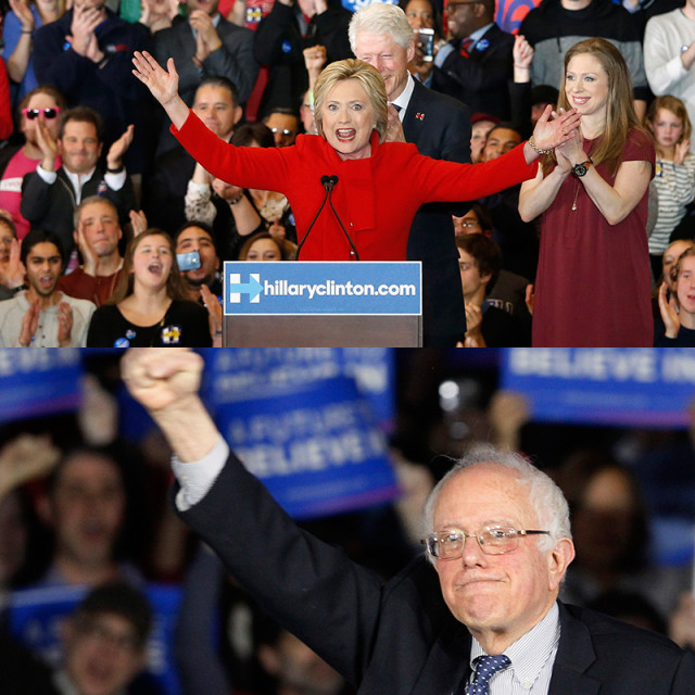 Top: Former U.S. President Bill Clinton (rear) applauds his wife, Democratic U.S. presidential candidate Hillary Clinton, as they appear with their daughter Chelsea (R) at Mrs. Clinton's caucus night rally in Des Moines, Iowa on February 1, 2016. Photo courtesy of REUTERS/Adrees Latif, Bottom: U.S. Democratic presidential candidate Bernie Sanders raises as fist as he speaks at his caucus night rally Des Moines, Iowa on February 1, 2016, Photo courtesy of REUTERS/Rick Wilking