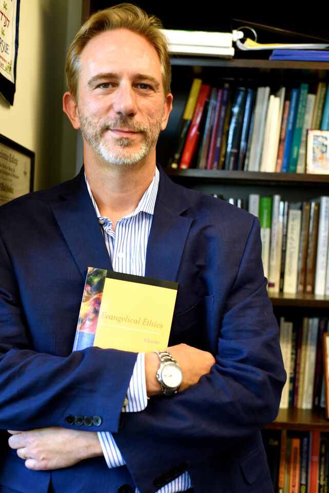 David Gushee in his office at Mercer University in Atlanta. Photo by Alice Horner. 