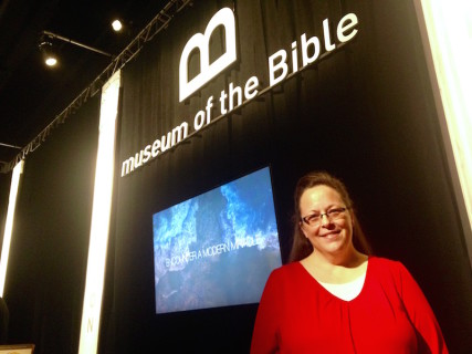Rowan County (Ky.) Clerk Kim Davis poses outside the Museum of the Bible Collection Preview at the National Religious Broadcasters International Christian Media Convention. RNS photo courtesy Heidi Hall 