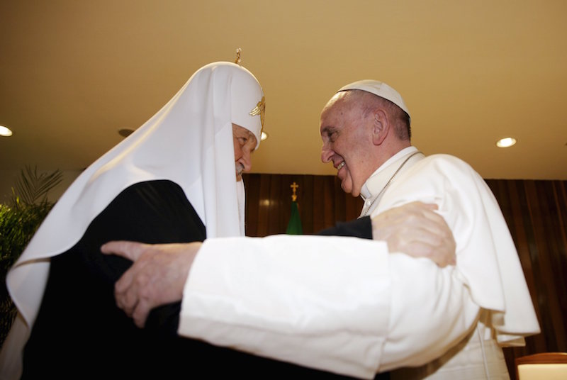 Russian Orthodox Patriarch Kirill (L) and Pope Francis embrace in Havana, February 12, 2016. Photo courtesy REUTERS/Max Rossi