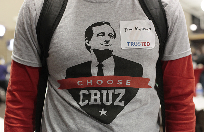 A supporter of U.S. Republican presidential candidate Ted Cruz wears a Cruz t-shirt at his Iowa caucus night rally in Des Moines, Iowa, on February 1, 2016. Photo courtesy of REUTERS/Brian C. Frank