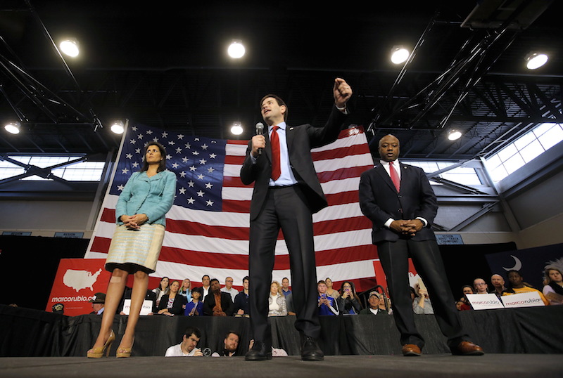 U.S. Republican presidential candidate Marco Rubio campaigned in South Carolina campaign with Gov. Nikki Haley and Sen. Tim Scott. REUTERS/Chris Keane 