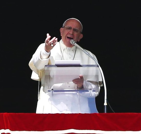 Pope Francis leads his Sunday Angelus prayer in Saint Peter's square at the Vatican February 21, 2016. Pope Francis on Sunday called for a worldwide ban on the death penalty, saying the commandment 