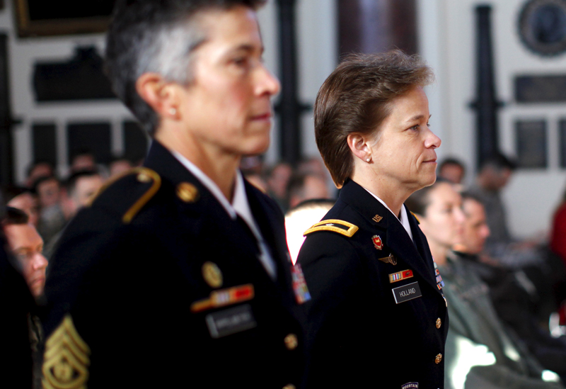 U.S. Brigadier General Diana Holland (R) arrives for a ceremony where she assumed the role as the first female Commandant of Cadets at the U.S. Military Academy at West Point, New York, January 5, 2016. Holland's command is the latest milestone for American women who now are allowed to serve all military combat roles. At left is Command Sergeant Major Dawn Ripplemeyer. Photo courtesy of REUTERS/Mike Segar