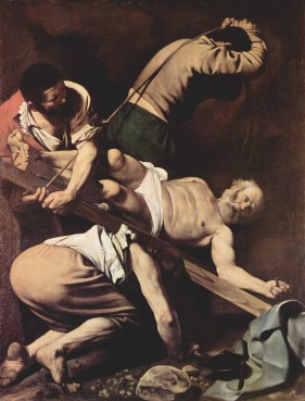 "The Crucifixion of St. Peter" oil on canvas by Caravaggio, circa 1600-1601.