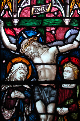 (RNS) A stained glass window at St. Andrew's Episcopal Cathedral in Honolulu, Hawaii, depicts the crucifixion of Jesus. RNS photo by Kevin Eckstrom.
