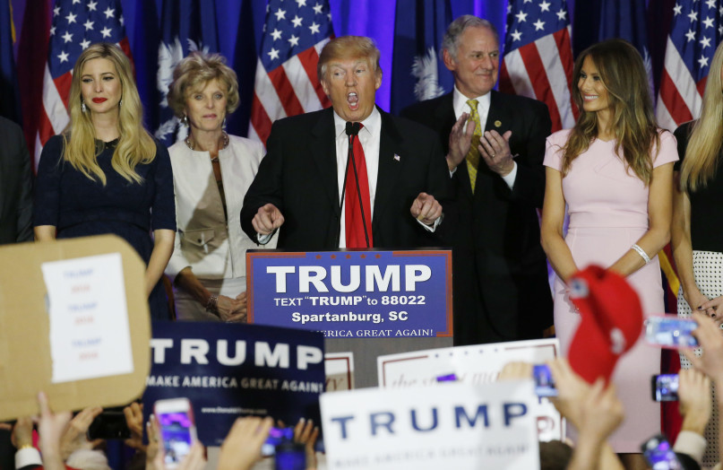 Republican U.S. presidential candidate Donald Trump speaks with his daughter Ivanka, left, and his wife Melania, right, at his sides at his 2016 South Carolina presidential primary night victory rally in Spartanburg, South Carolina February 20, 2016. Photo courtesy of REUTERS/Jonathan Ernst
*Editors: This photo may only be republished with RNS-GUSHEE-COLUMN, originally transmitted on March 10, 2016.