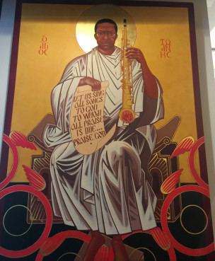 An icon of jazz saxman John Coltrane hangs in a church that bears his name, where he is considered a saint. Religion News Service photo by Kimberly Winston