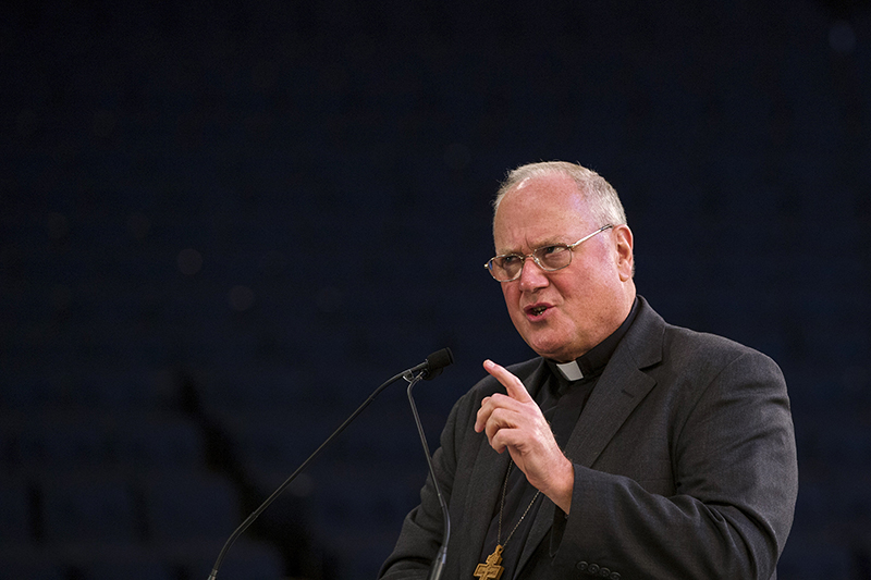 Archbishop of New York Timothy Michael Dolan speaks about a chair that will be used in Madison Square Garden for Pope Francisí upcoming Papal Mass in New York on September 2, 2015. Photo courtesy of REUTERS/Lucas Jackson *Editors: This photo may only be republished with RNS-DOLAN-KOUFAX, originally transmitted on March 10, 2016.