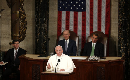 Pope Francis addresses a joint meeting of the U.S. Congress as Vice President Joe Biden, left, and Speaker of the House John Boehner, right, look on in the House of Representatives Chamber on Capitol Hill in Washington on September 24, 2015. Photo courtesy of REUTERS/Kevin Lamarque *Editors: This photo may only be republished with RNS-NOTREDAME-BIDEN, originally transmitted on March 7, 2016, or with RNS-GEHRING-OPED, originally transmitted on July 20, 2016.