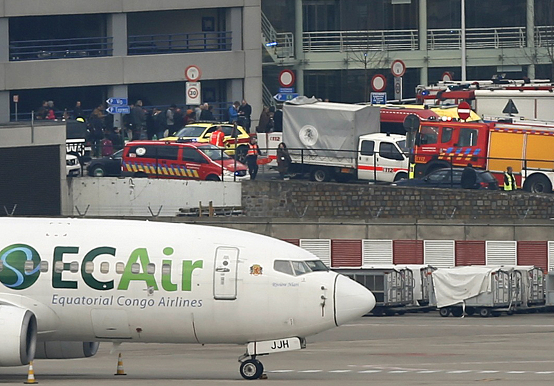 Emergency services at the scene of explosions at Zaventem airport near Brussels, Belgium, on March 22, 2016.  Photo courtesy of REUTERS/Francois Lenoir