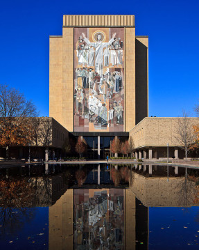 The Word of Life is a large mural on the side of the Theodore Hesburgh Library depicting the resurrected Jesus. The mural, which can be seen from the football stadium, has become popularly known as "Touchdown Jesus". Source: Wikimedia Commons.