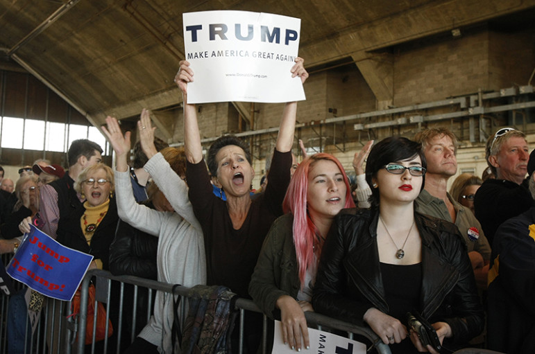 Supporters filling an aircraft hangar watch as Republican U.S. presidential candidate Donald Trump makes an airport campaign stop in Millington, Tennessee on February 27, 2016. Photo courtesy of REUTERS/Karen Pulfer Focht
*Editors: This photo may only be republished with RNS-GRANT-COLUMN, originally transmitted on April 21, 2016.