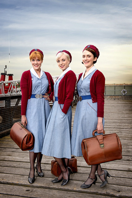 Patsy (Emerald Fennell), Trixie (Helen George) and Barbara (Charlotte Ritchie), in “Call the Midwife” on PBS. Photo courtesy of Red Productions Ltd 2015, via PBS