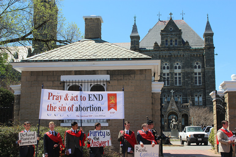 Protesters outside of the gate of Georgetown University in Washington, D.C., on April 20, 2016. Religion News Service photo by Adelle M. Banks