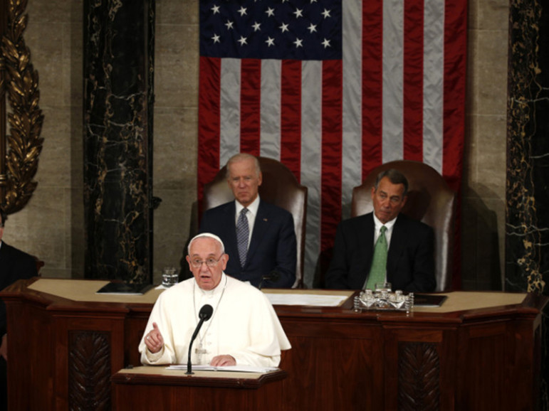 Pope Francis addresses a joint meeting of the U.S. Congress as Vice President Joe Biden, left, and Speaker of the House John Boehner, right, look on in the House of Representatives' chamber on Capitol Hill in Washington on Sept. 24, 2015.  Photo courtesy of REUTERS/Kevin Lamarque
*Editors: This photo may only be republished with RNS-GEHRING-COLUMN, originally transmitted on Sept. 21, 2016.