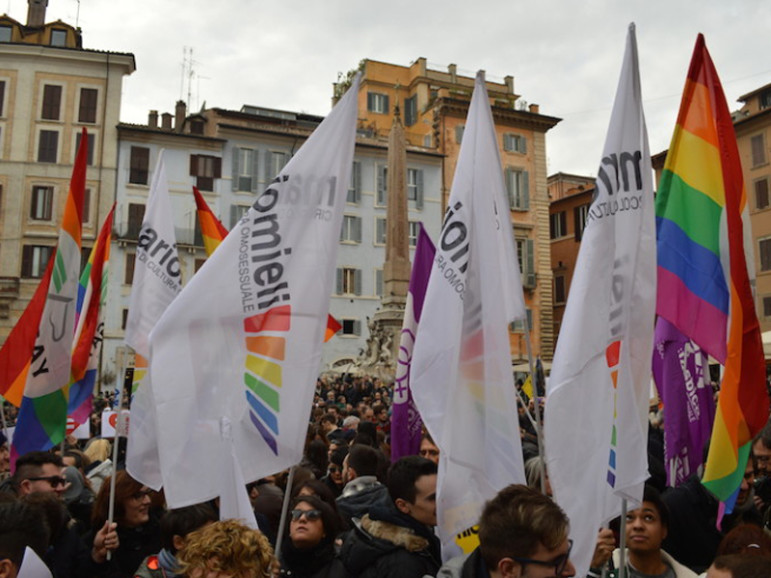 Protesters gather outside Rome's Pantheon to call on politicians to grant legal rights to same-sex couples, ahead of a landmark vote scheduled for Jan. 28, 2016. Religion News Service photo by Rosie Scammell