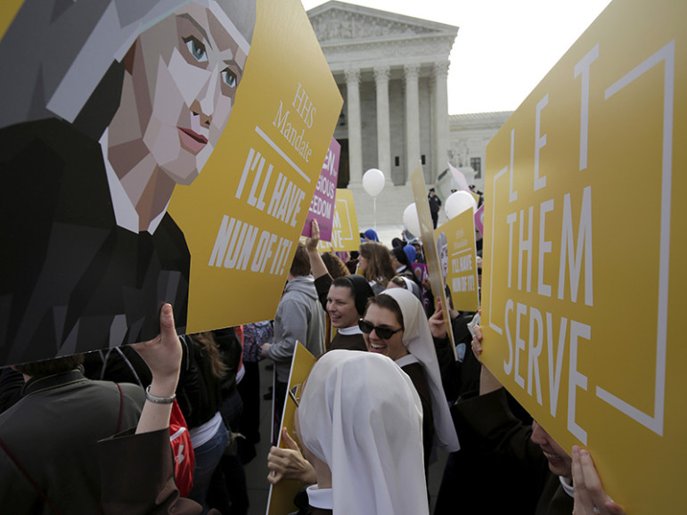 Nuns rally before Zubik v. Burwell, an appeal brought by Christian groups demanding full exemption from the requirement to provide insurance covering contraception under the Affordable Care Act, is heard by the U.S. Supreme Court in Washington, March 23, 2016. Photo courtesy REUTERS/Joshua Roberts
