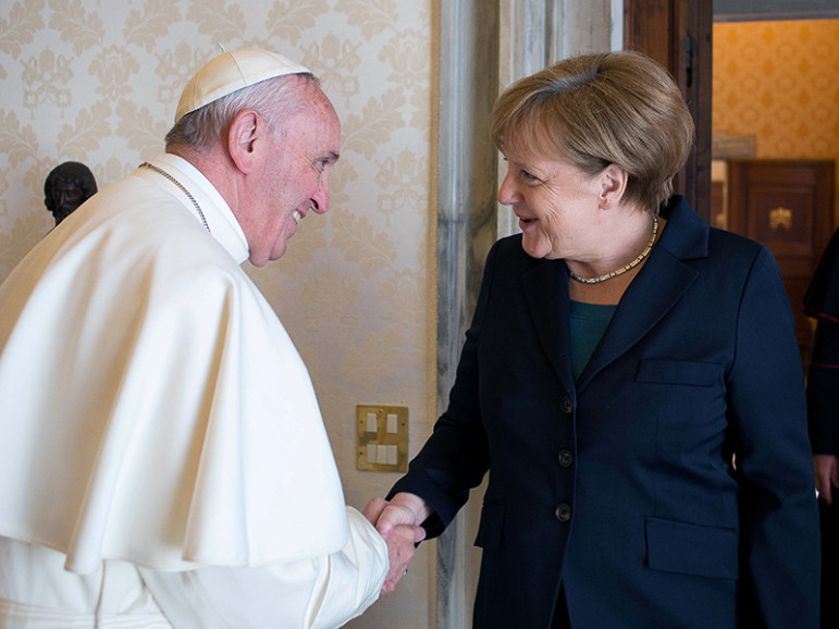 German Chancellor Angela Merkel greets Pope Francis during a private audience before the 2016 Charlemagne Prize ceremony at the Vatican on  May 6, 2016. Osservatore Romano Handout via Reuters ATTENTION EDITORS - THIS IMAGE WAS PROVIDED BY A THIRD PARTY. EDITORIAL USE ONLY. NO RESALES. NO ARCHIVE.