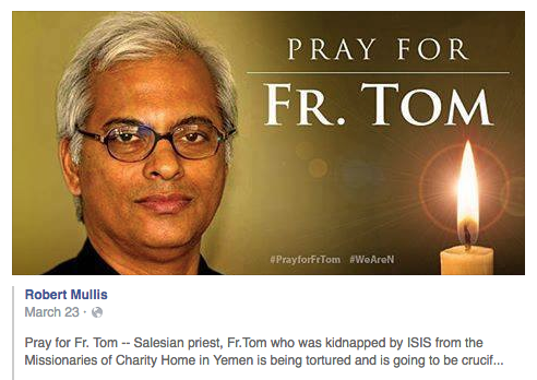 Facebook post asking for prayer for Father Tom Uzhunnalil.