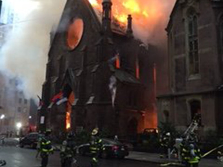 The Serbian Orthodox Cathedral of St. Sava in New York City, engulfed in flames on May 1, 2016. Photo courtesy FDNY.
