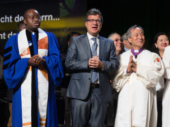 Church leaders celebrate the commissioning of new missionaries May 19 at the 2016 United Methodist General Conference