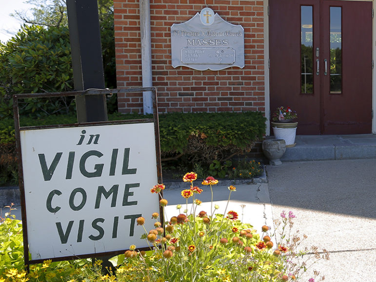 A sign marks the vigil at St. Frances Xavier Cabrini Roman Catholic Church in Scituate, Mass., on July 22, 2015. Photo courtesy of REUTERS/Brian Snyder/File photo
*Editors: This photo may only be republished with RNS-CHURCH-VIGIL, originally transmitted on May 23, 2016.
